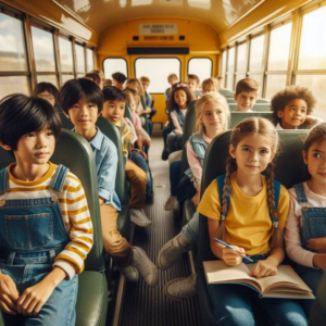 Kids on a school bus. Made with AI. 